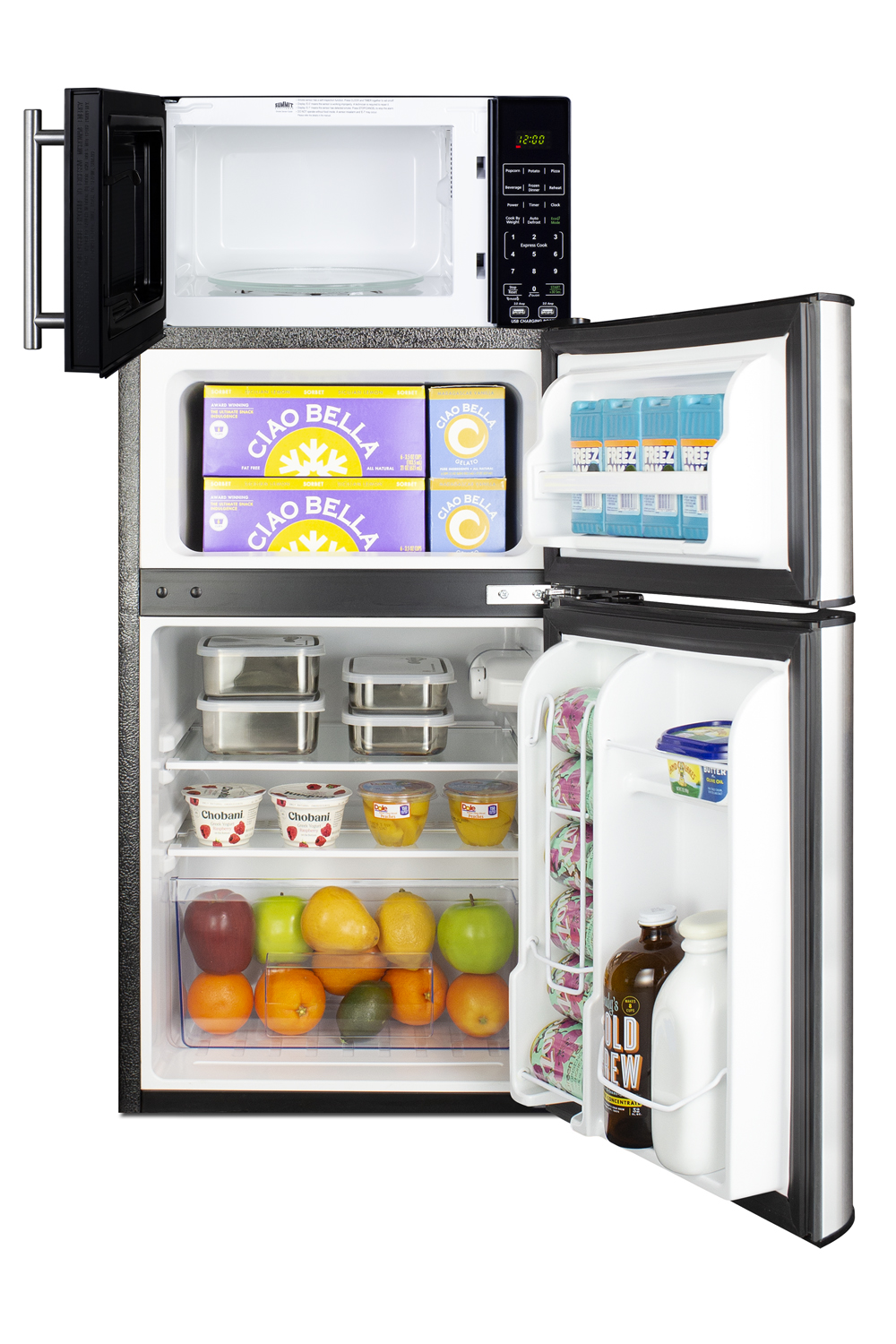 2-door refrigerator-freezer in stainless steel and compact microwave in black with allocator and USB ports for 1-plug operation; ships in three boxes on one pallet